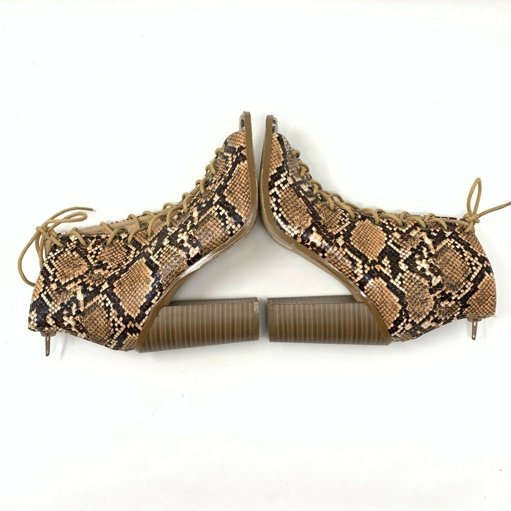 Olivia Ferguson Booties Snake Print Brown Lace Up Open Toe - Picture 6 of 7